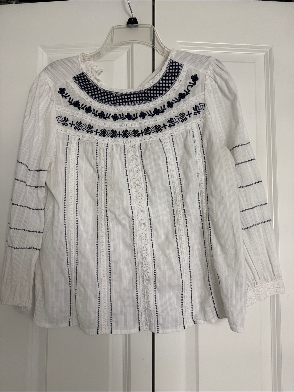 Lucky Brand White Blouse with Navy Embroidery